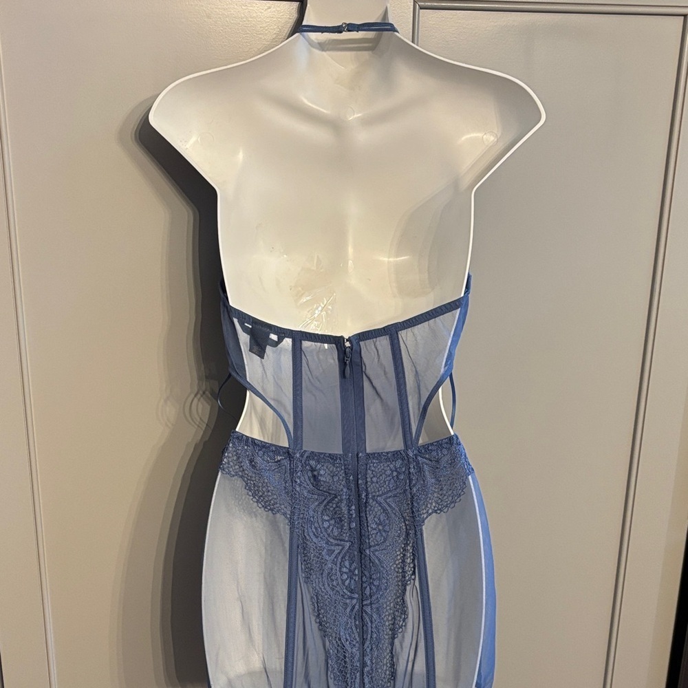 Victoria's Secret Size 36C High Neck Blue Mesh Corset Garter Straps Lingerie ￼ - Picture 7 of 8